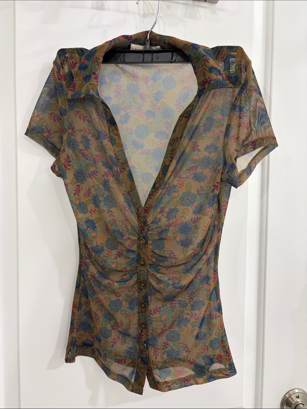 Sheer Floral Button-Front Women’s Top - Olive Blue